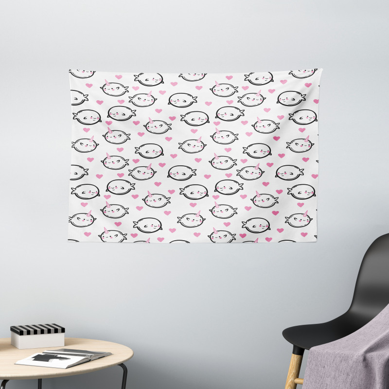 Doodle Style Whales Wide Tapestry