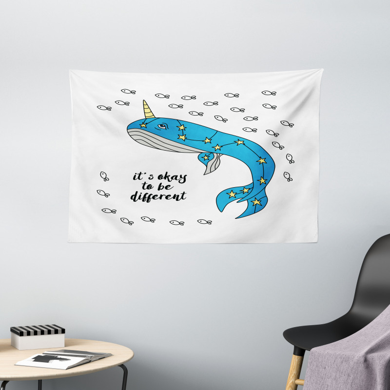 Blue Cartoon Whale Wide Tapestry