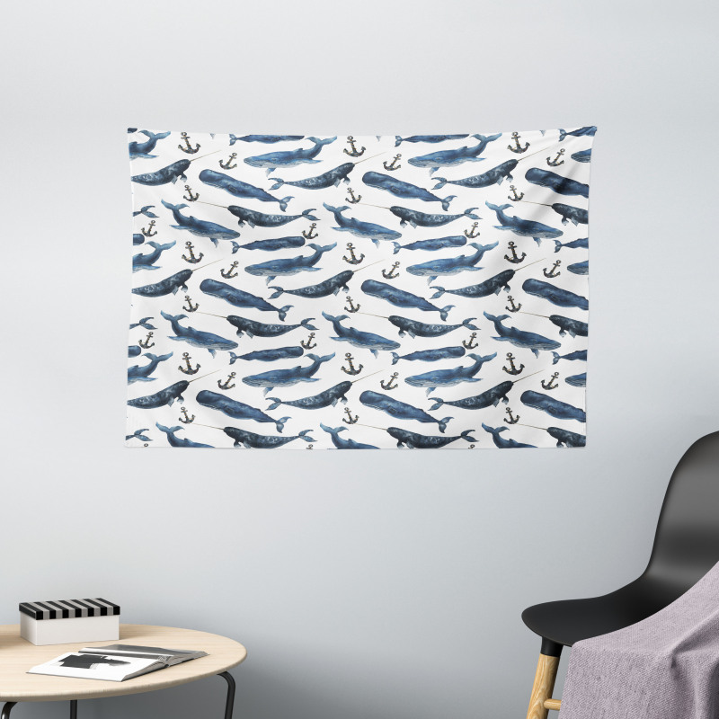 Aquerelle Ocean Whales Wide Tapestry