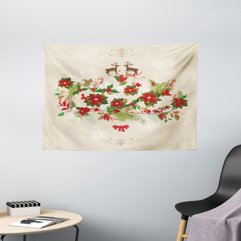 Flower Reindeer Motif Wide Tapestry