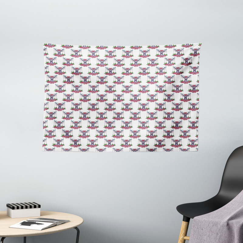 Deer Accessories Peonies Wide Tapestry