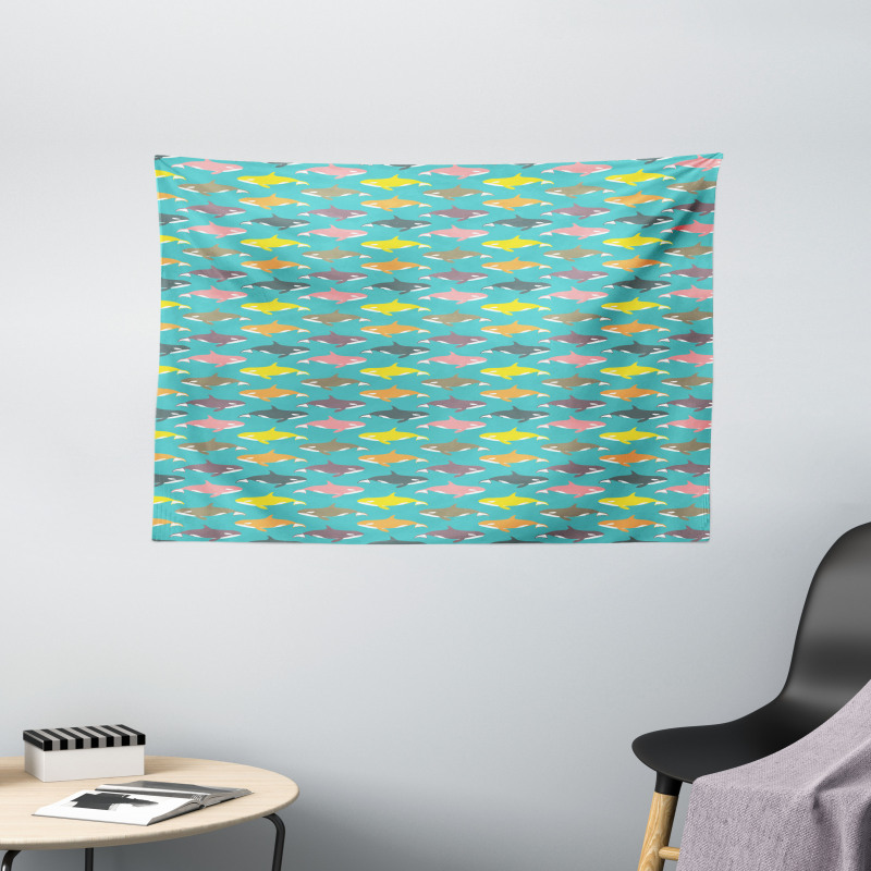 Colorful Orca Silhouettes Wide Tapestry