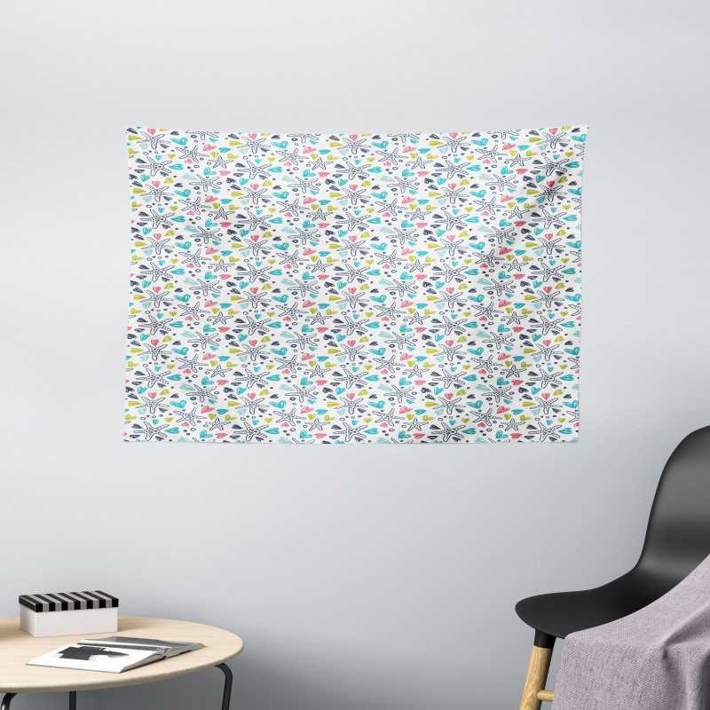 Aquatic Animal Doodle Wide Tapestry