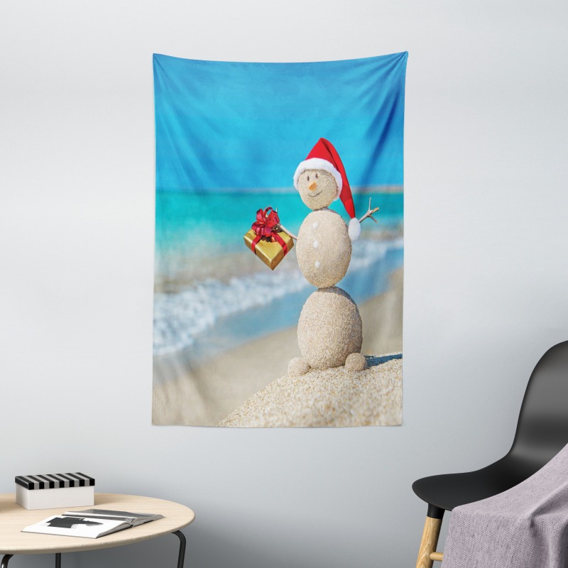 Sand Snowman Santa Hat Tapestry