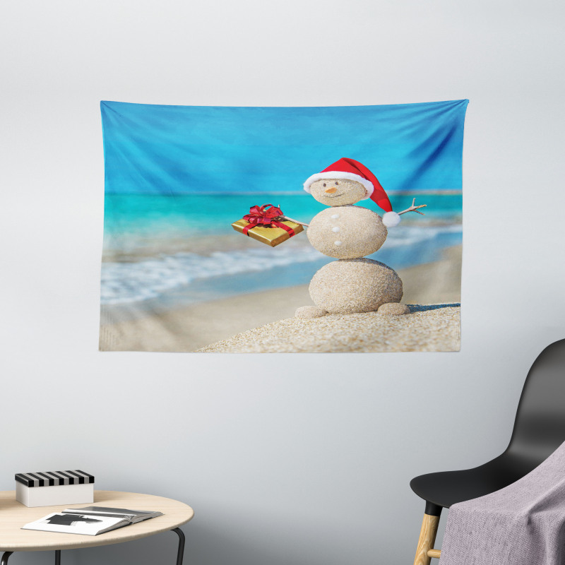 Sand Snowman Santa Hat Wide Tapestry