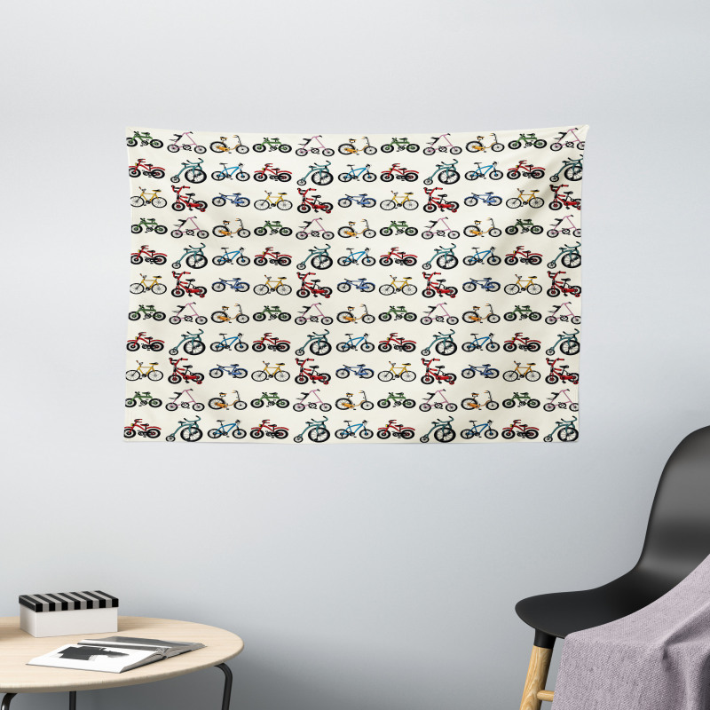 Colorful Bicycles Pattern Wide Tapestry