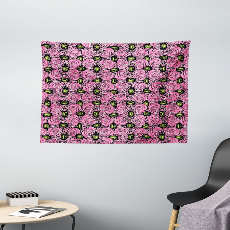 Roses and Gerbera Wide Tapestry