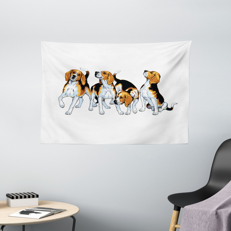 4 Beagle Hounds Play Wide Tapestry