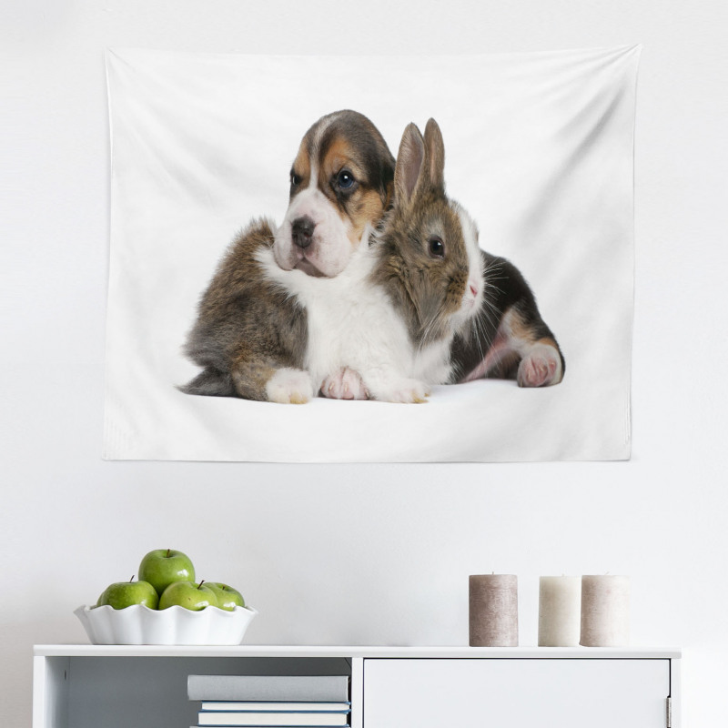 Canlı Mikrofiber Geniş Duvar Halısı Tavşanın Üstüne Yatmış Sevimli Köpek Figürü