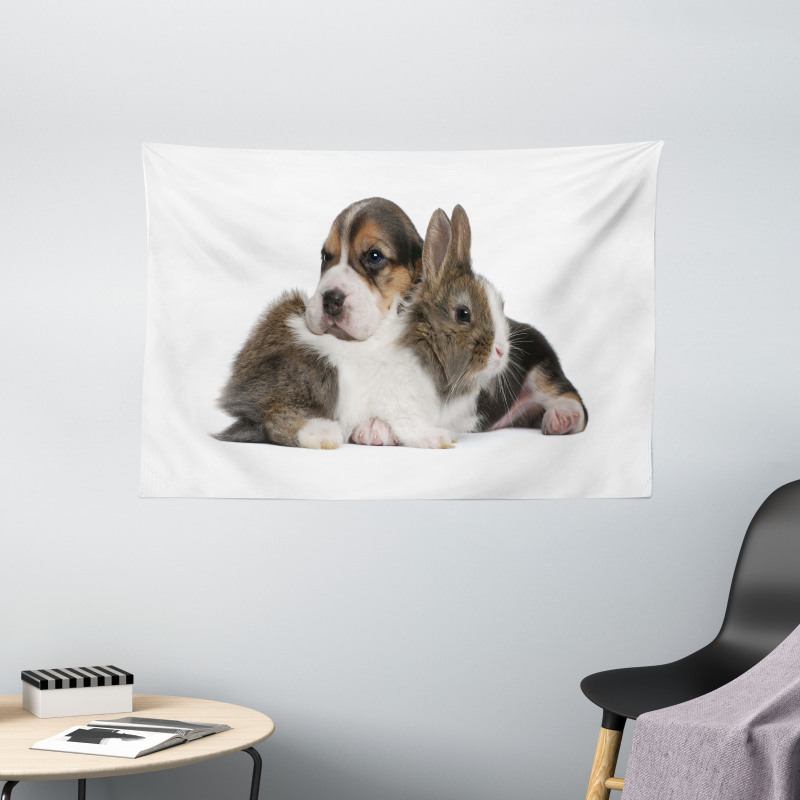 Rabbit Puppy Pet Friends Wide Tapestry