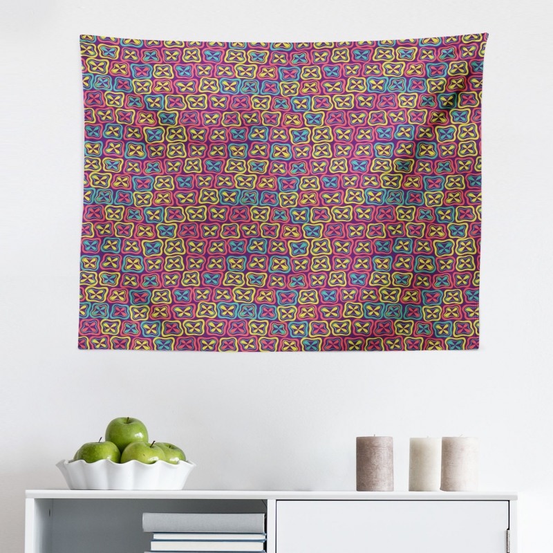 Geometrik Mikrofiber Geniş Duvar Halısı Kareler İçinde Pervane Figürlü Poster