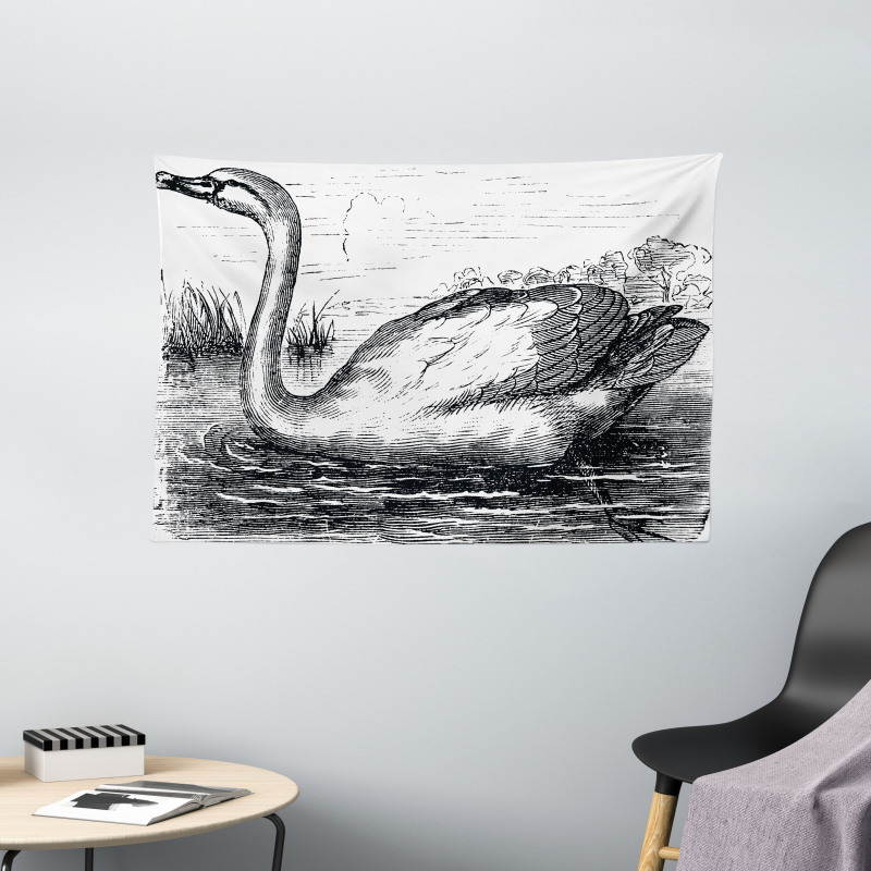 Hand Drawn Swan Design Wide Tapestry