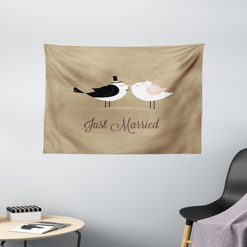 Just Married Birds Kiss Wide Tapestry