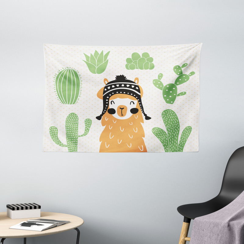 Llama in Hat Smiling Wide Tapestry