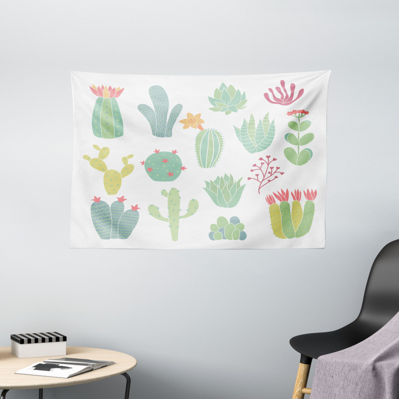Hand Drawn Style Cacti Wide Tapestry