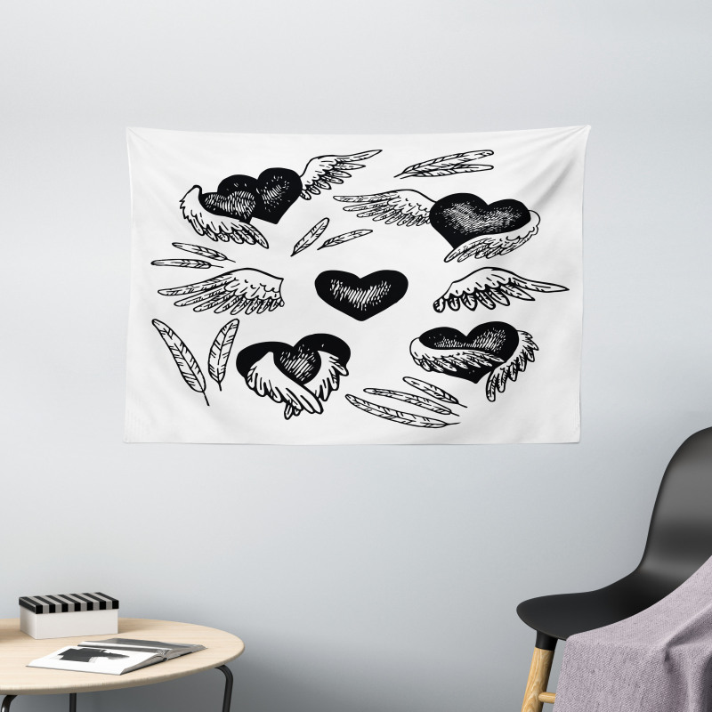 Romantic Hearts Wings Wide Tapestry