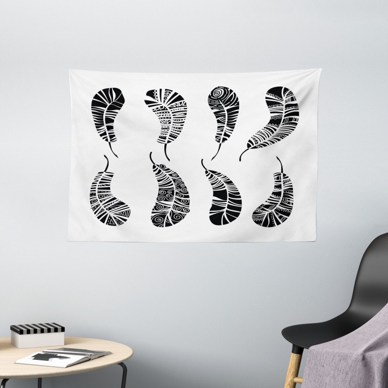 Monochrome Boho Motifs Wide Tapestry