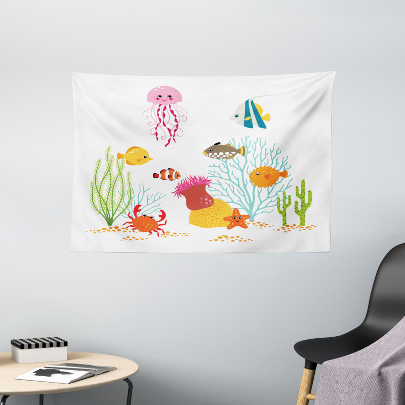 Cartoon Underwater Coral Wide Tapestry