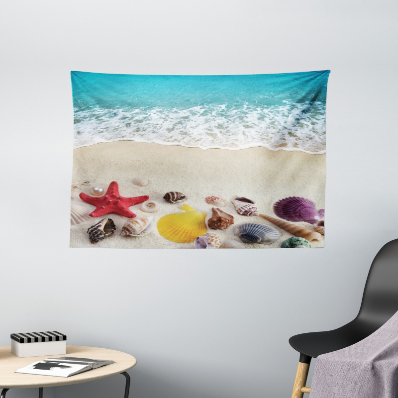 Sea Shells on Sandy Coast Wide Tapestry