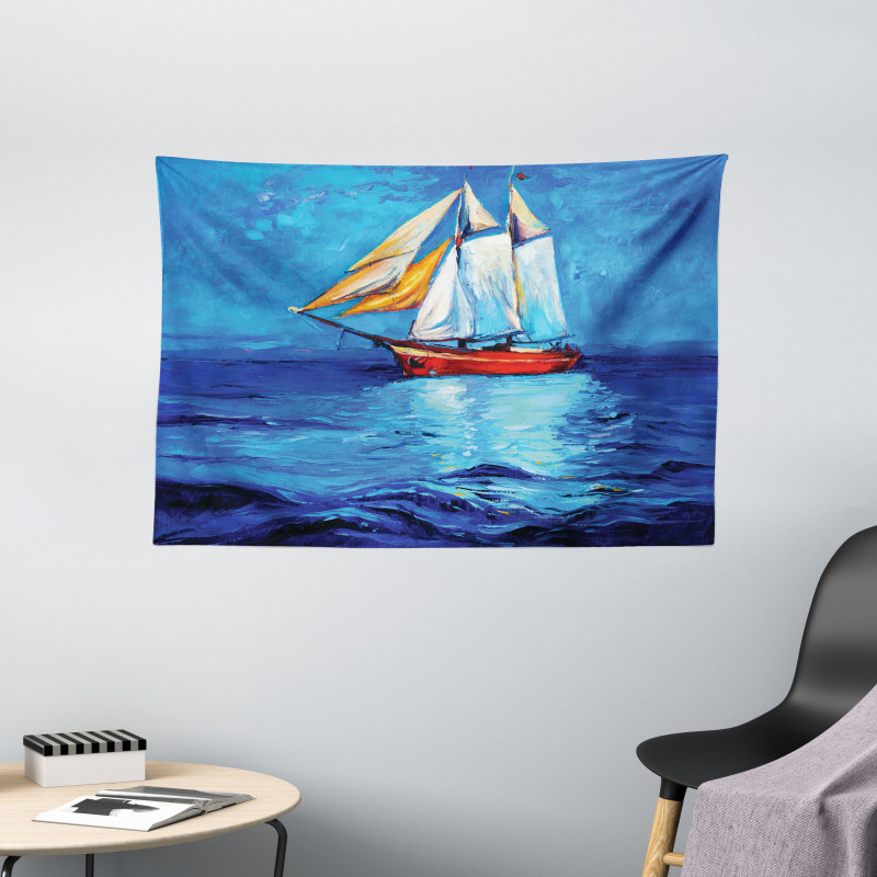 Oil Paint Style Sailship Wide Tapestry