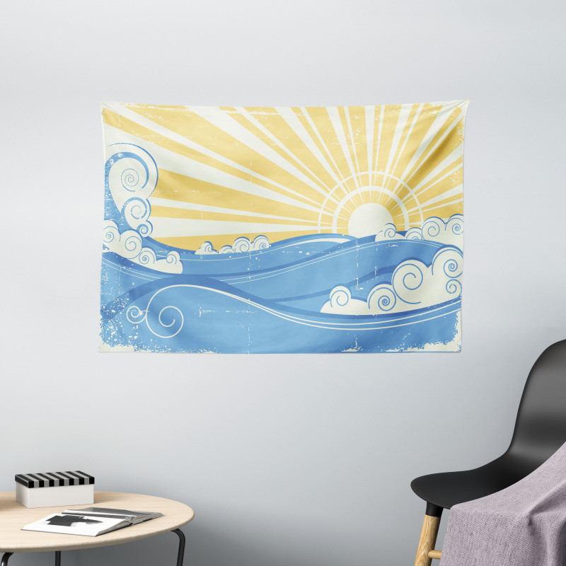 Vintage Waves with Sun Wide Tapestry