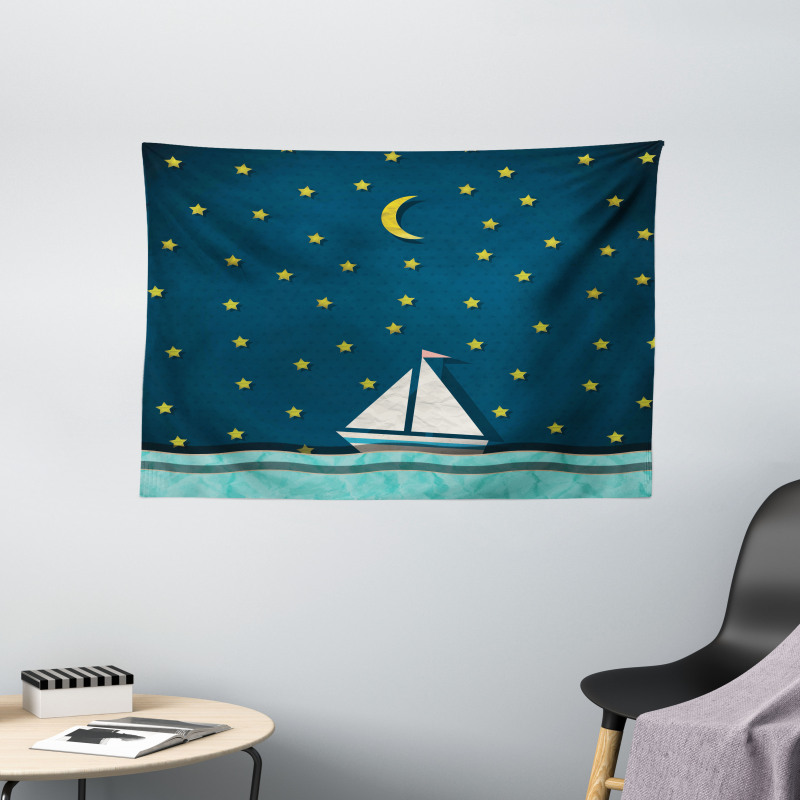 Sailing Boat Night Sky Wide Tapestry