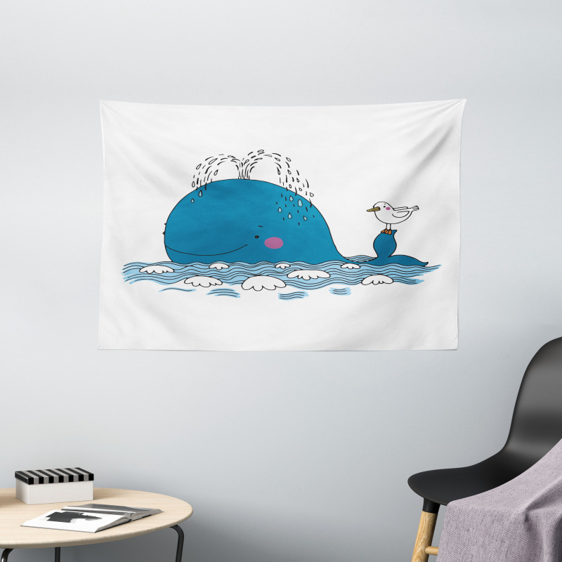 Sea Mammal with Seagull Wide Tapestry