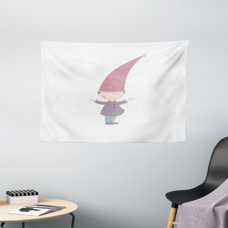 Cartoon Gnome Under Rain Wide Tapestry