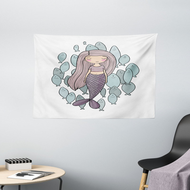 Cartoon Girl with Fish Wide Tapestry