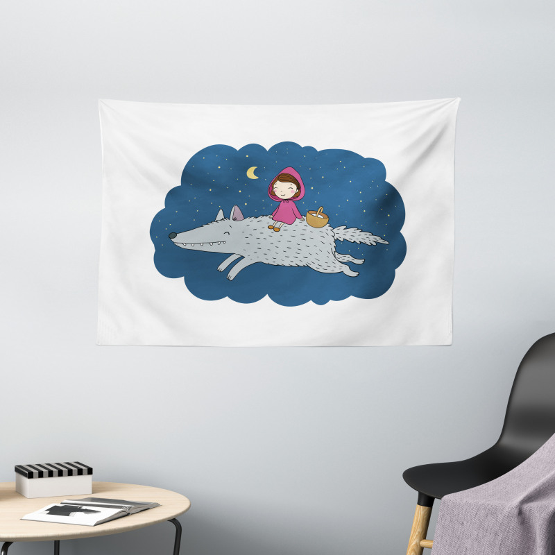 Cartoon Girl on Giant Wolf Wide Tapestry