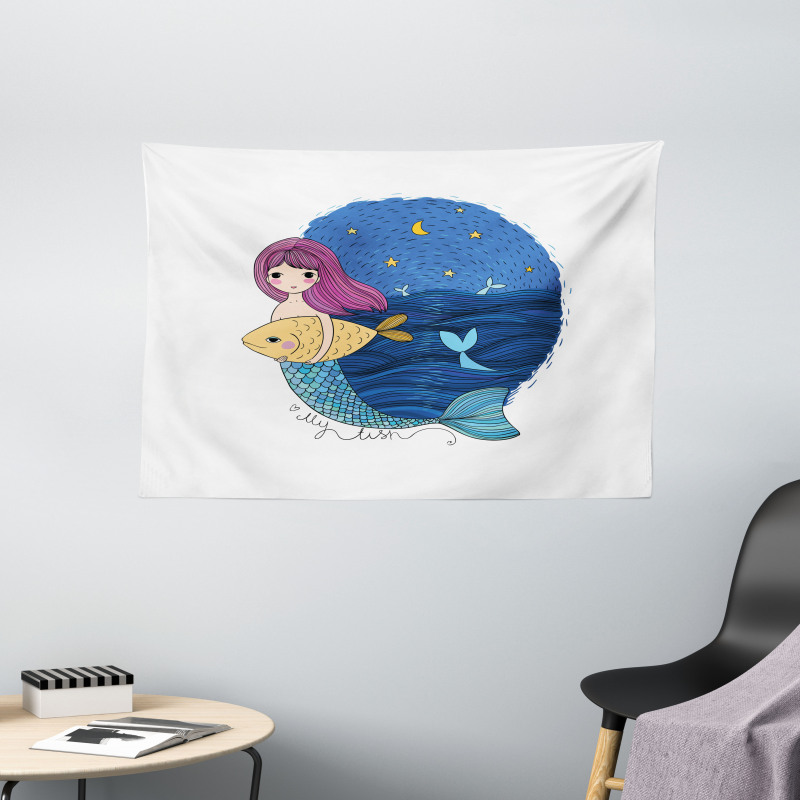 Mermaid Fish Night Sea Wide Tapestry