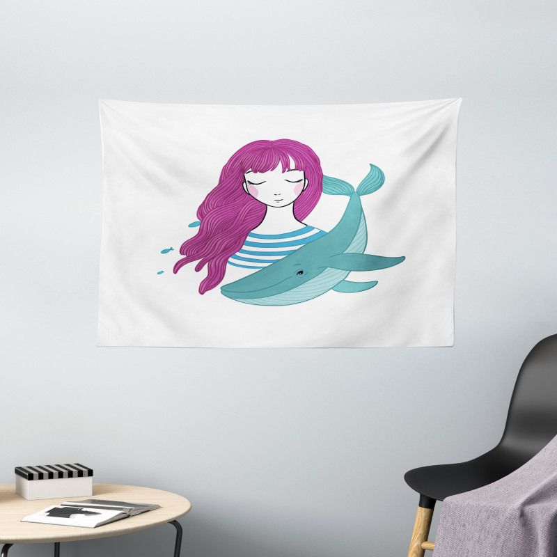 Teen Girl with a Whale Wide Tapestry