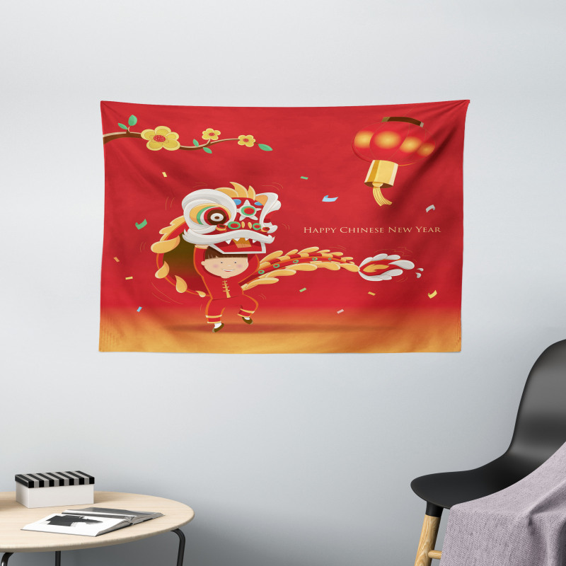 Little Boy Lion Dance Wide Tapestry