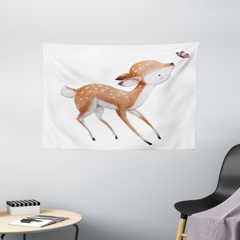 Young Deer and Butterfly Wide Tapestry