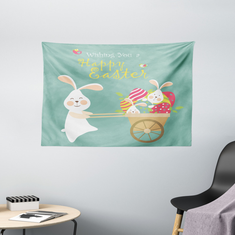 Smiling Bunny Eggs Wide Tapestry