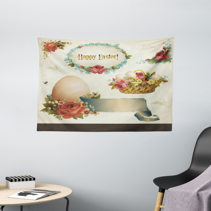 Romantic Flower Basket Wide Tapestry