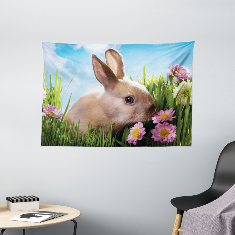 Grass and Spring Flowers Wide Tapestry