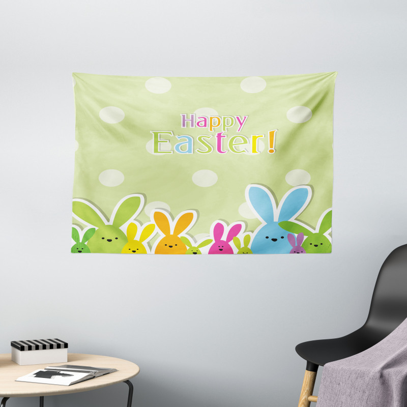 Colorful Cartoon Bunnies Wide Tapestry