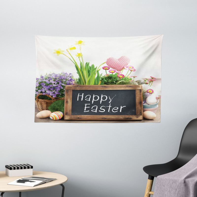 Flowers Eggs on Table Wide Tapestry