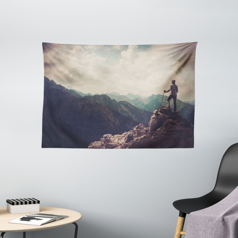 Woman Hiker on Top Wide Tapestry