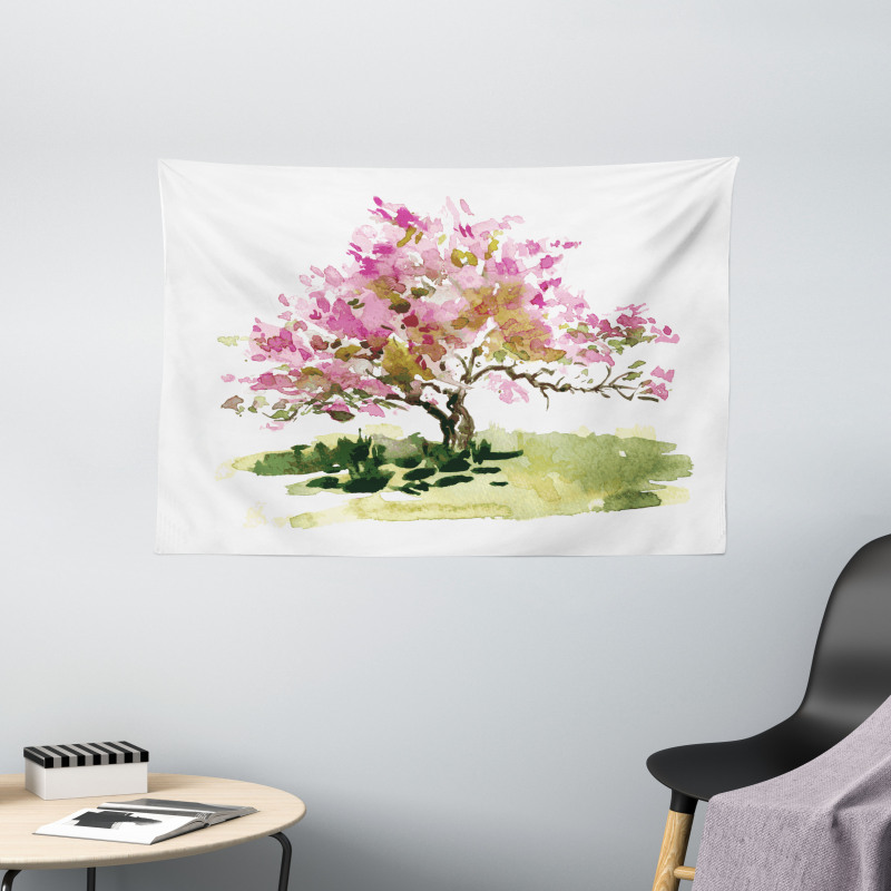 Watercolor Sakura Leaves Wide Tapestry