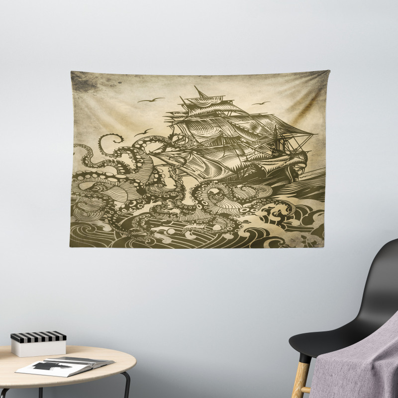 Retro Ship Octopus Theme Wide Tapestry