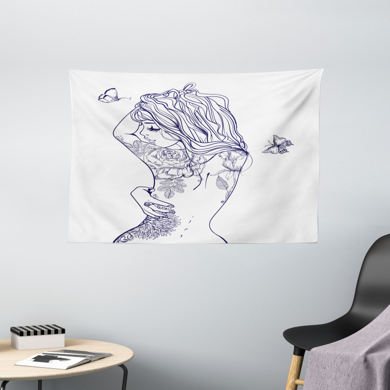 Woman Floral Botanical Art Wide Tapestry