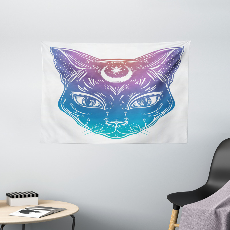 Cat Head Moon and Star Wide Tapestry