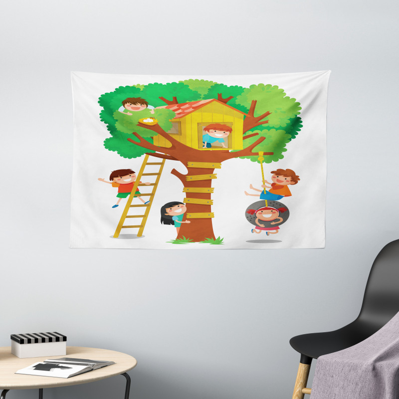 Boys Girl in a Tree House Wide Tapestry