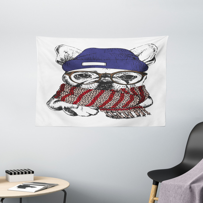 Cozy Hipster Winter Dog Wide Tapestry