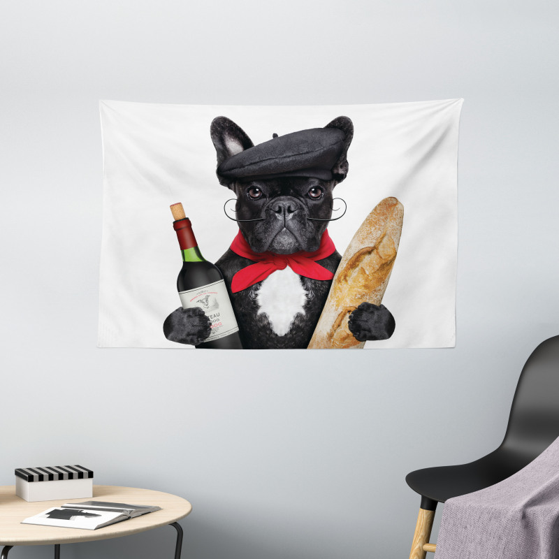 French Dog Red Wine Wide Tapestry