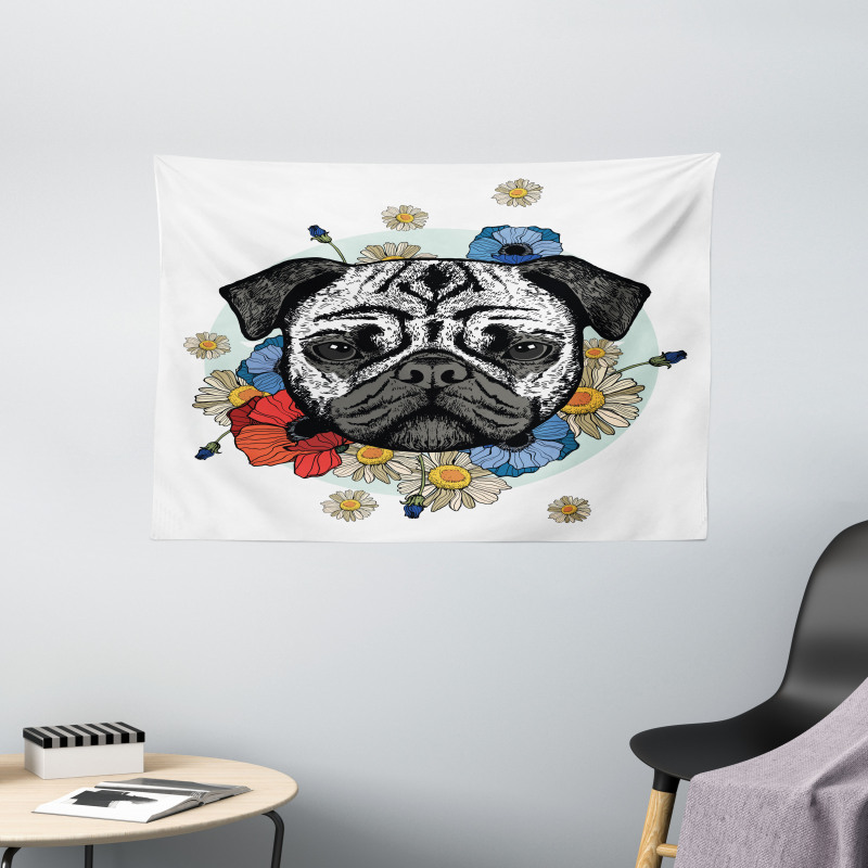 Dog Sketch with Flowers Wide Tapestry