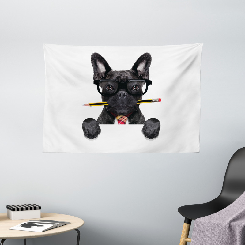 Businessman Dog Glasses Wide Tapestry