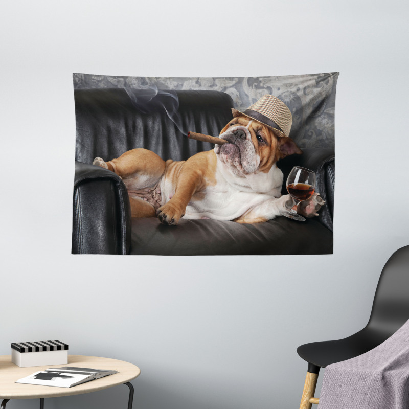 Humorous Dog Drinking Wide Tapestry